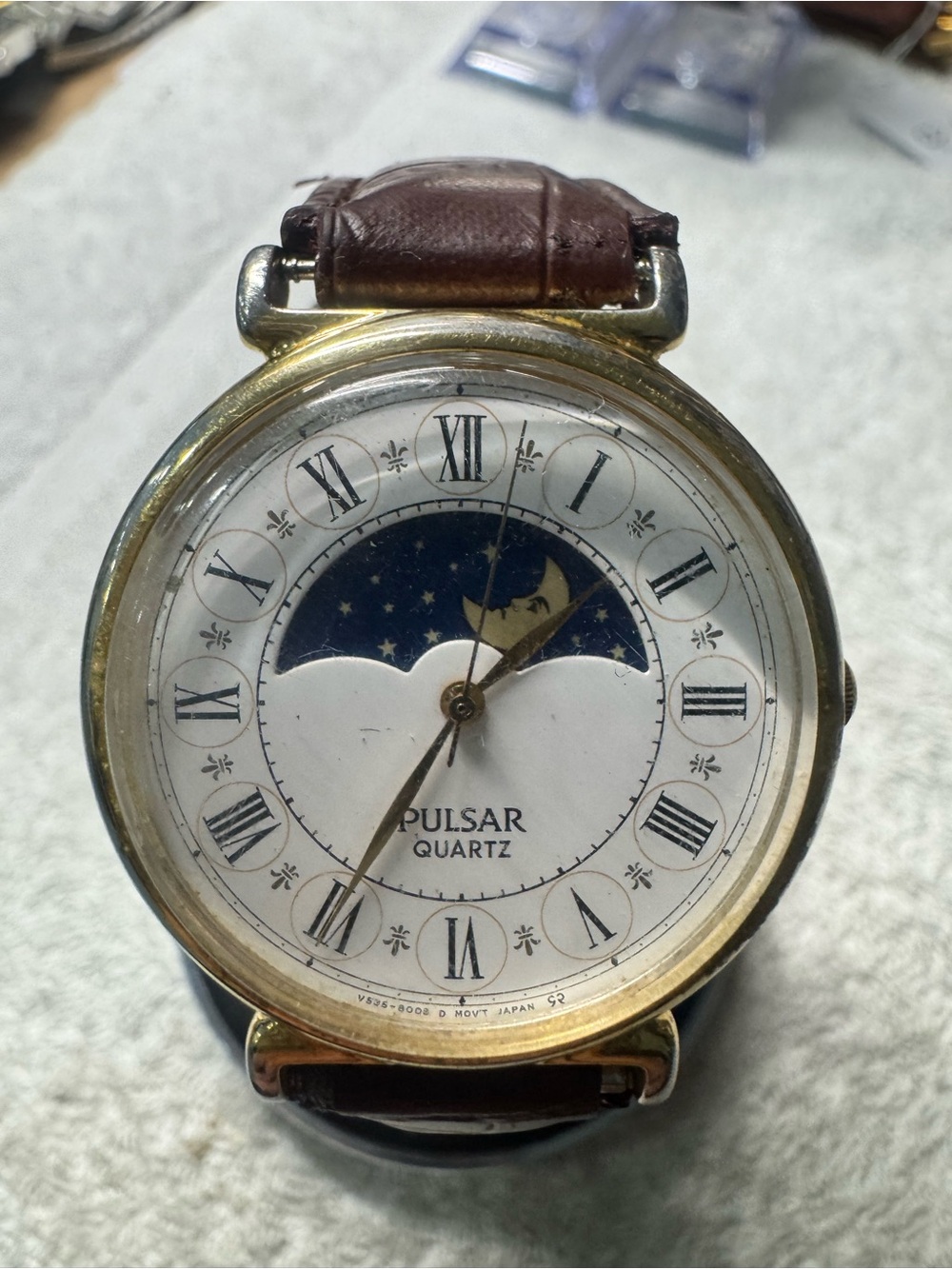 Pulsar Gold-Tone Case with Brown Leather Strap Moonphase Watch